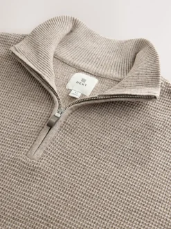 Neutral Plain N.Premium Regular Fit Cotton Rich Textured Premium Quarter Zip Jumper