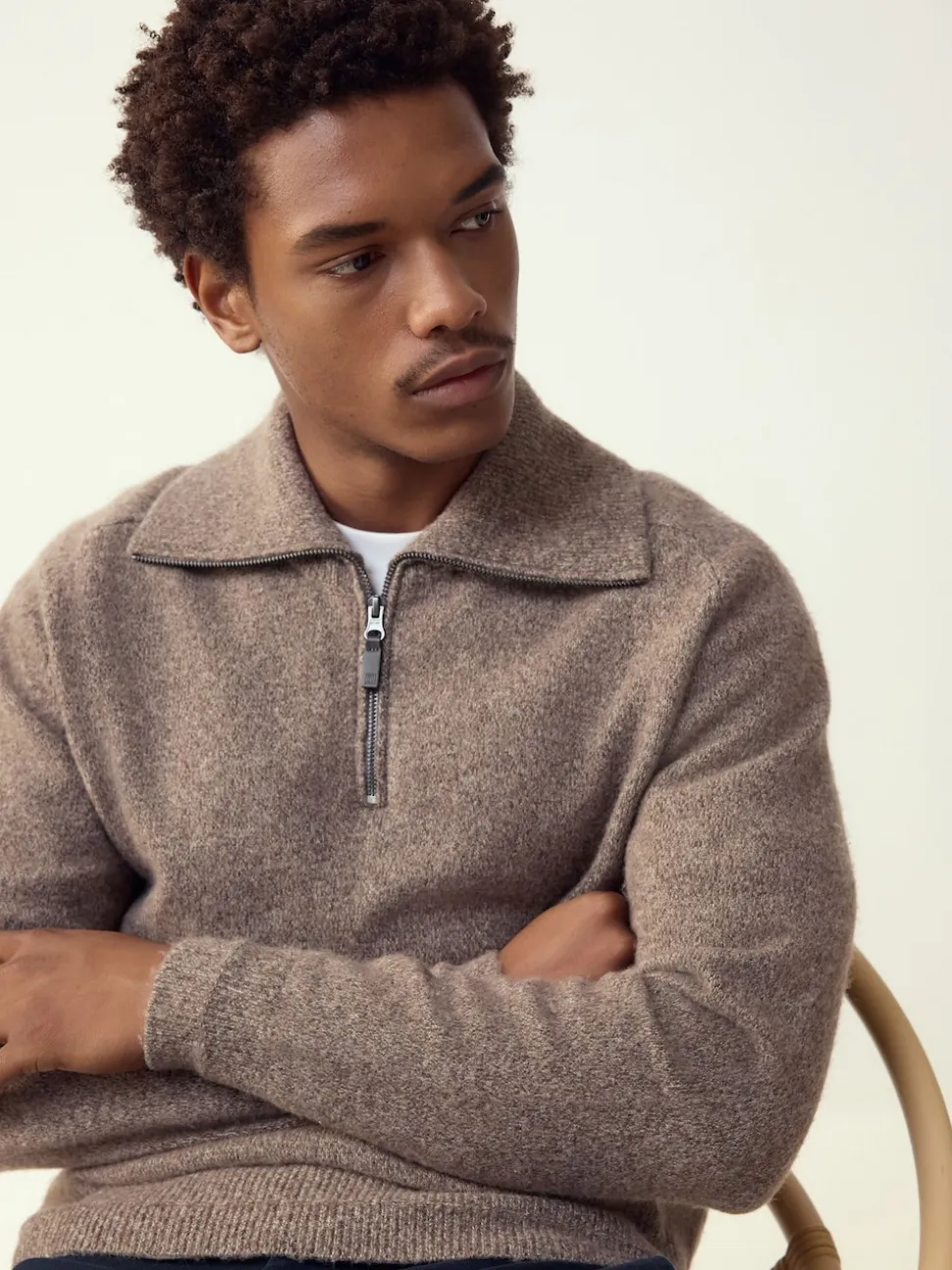 Neutral Quarter Zip Neck Jumper with Wool