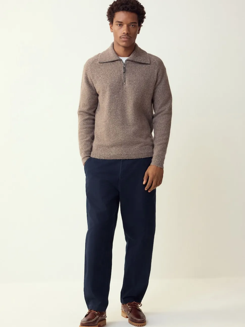 Neutral Quarter Zip Neck Jumper with Wool