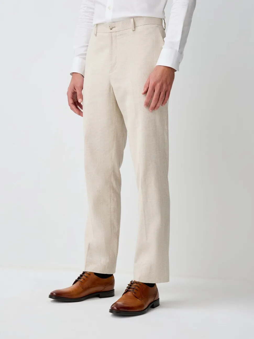 Neutral Regular Fit Linen Blend Check Suit Trousers