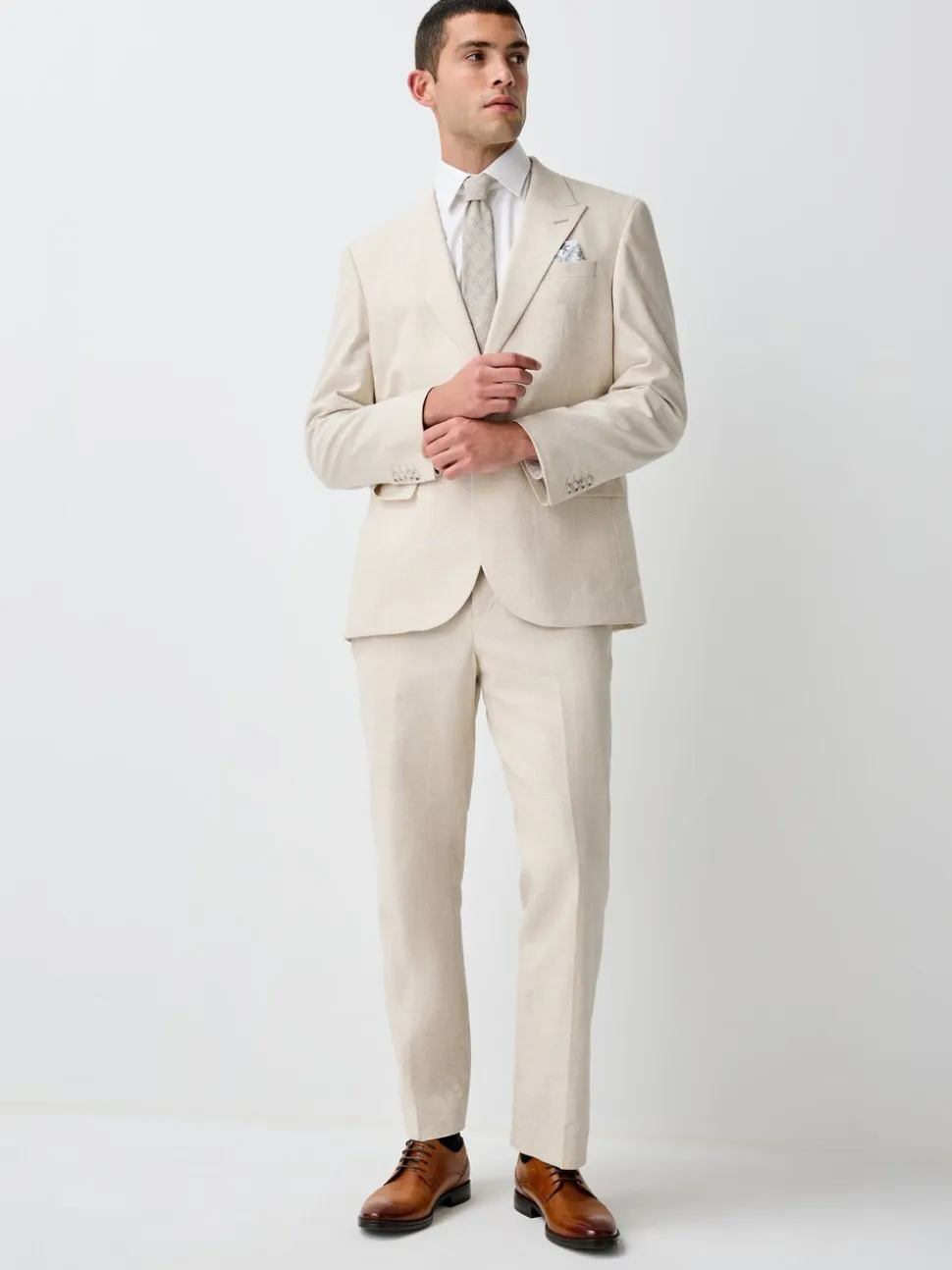 Neutral Regular Fit Linen Blend Check Suit Trousers