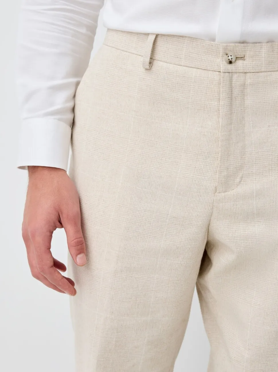 Neutral Regular Fit Linen Blend Check Suit Trousers