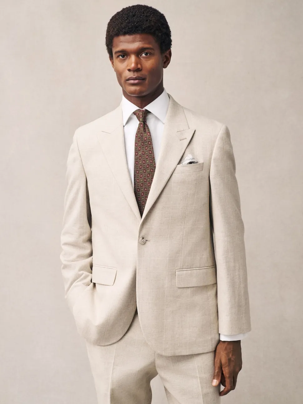 Neutral Regular Fit Linen Blend Check Suit Jacket