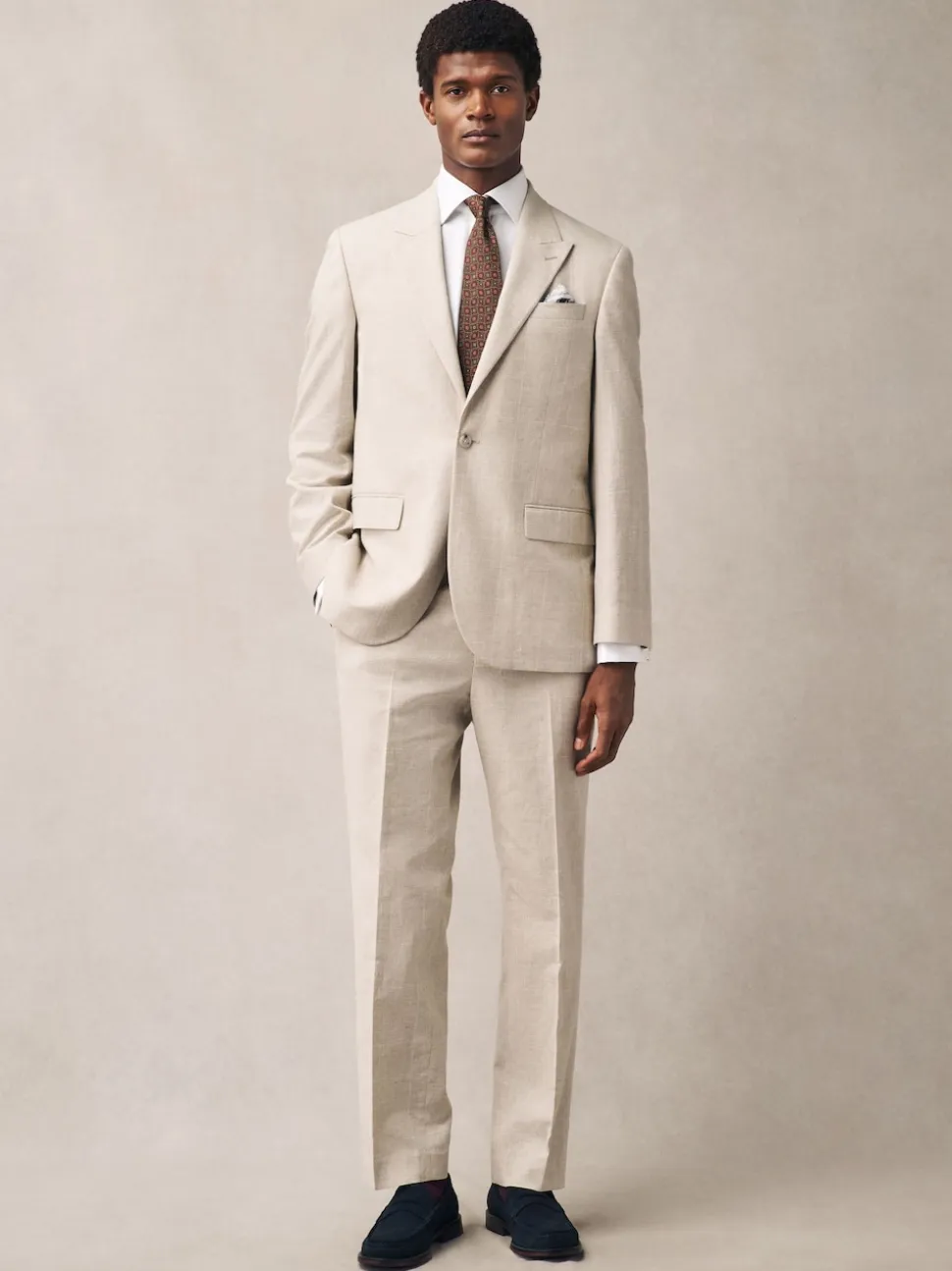 Neutral Regular Fit Linen Blend Check Suit Jacket