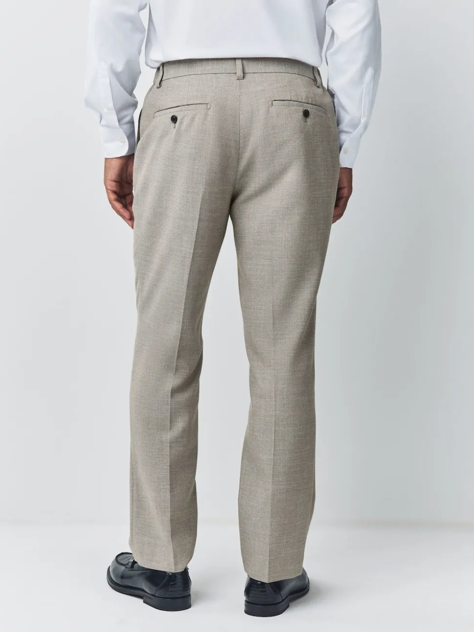 Neutral Regular Fit Smart Textured Trousers With Stretch Waistband