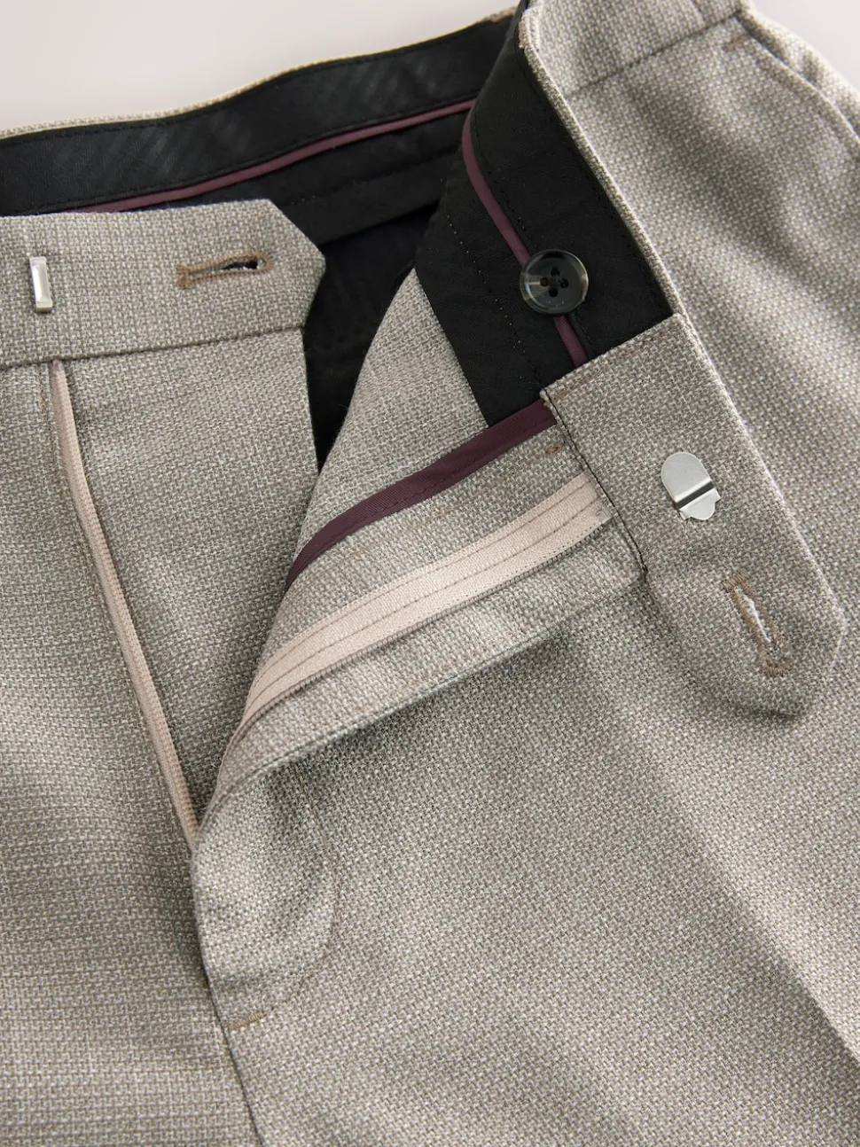 Neutral Regular Fit Smart Textured Trousers With Stretch Waistband