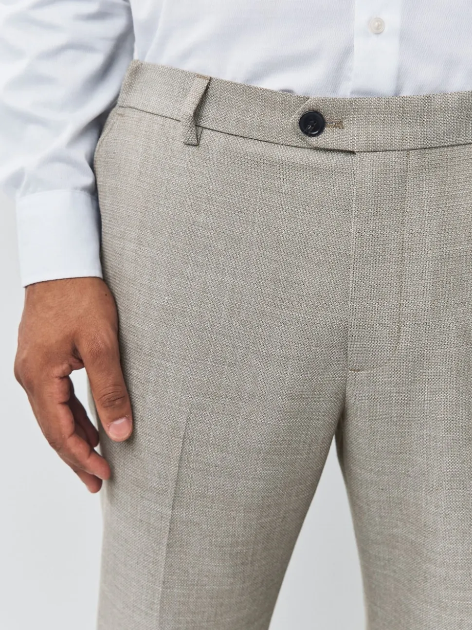 Neutral Regular Fit Smart Textured Trousers With Stretch Waistband