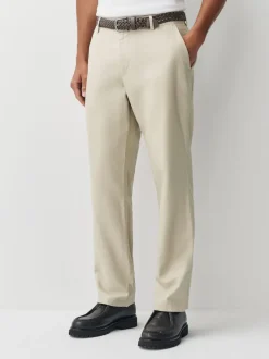 Neutral Regular Fit Smart Linen Cotton Blend Belted Trousers