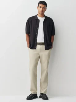 Neutral Regular Fit Smart Linen Cotton Blend Belted Trousers