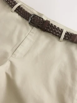 Neutral Regular Fit Smart Linen Cotton Blend Belted Trousers