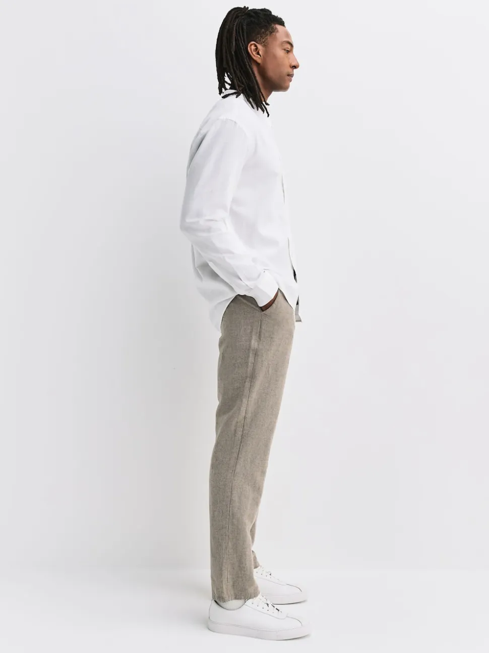 Neutral Regular Tapered Fit Linen Twill Trousers