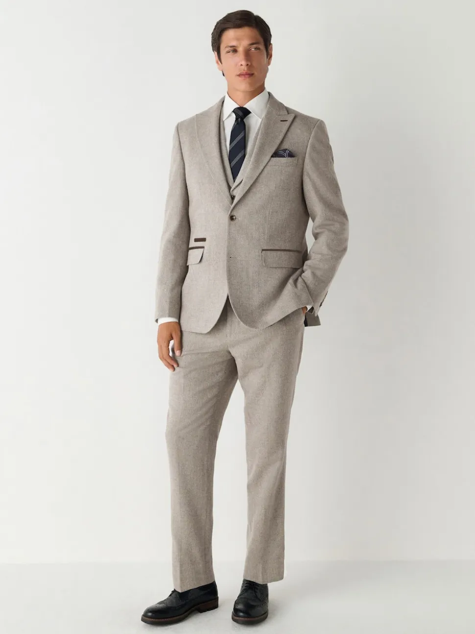 Neutral Slim Fit Nova Fides Italian Wool Blend Trimmed Textured Suit Jacket