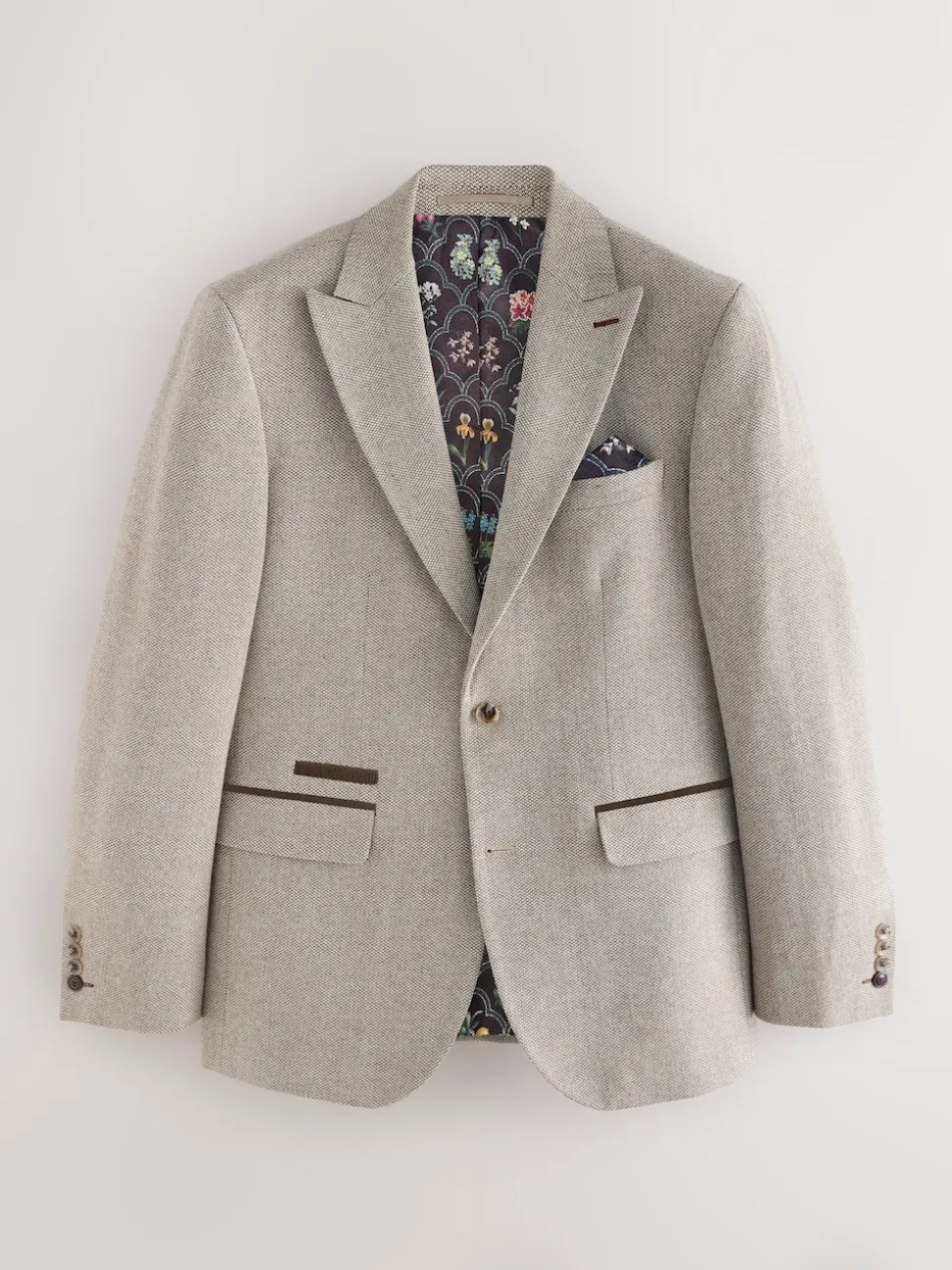 Neutral Slim Fit Nova Fides Italian Wool Blend Trimmed Textured Suit Jacket