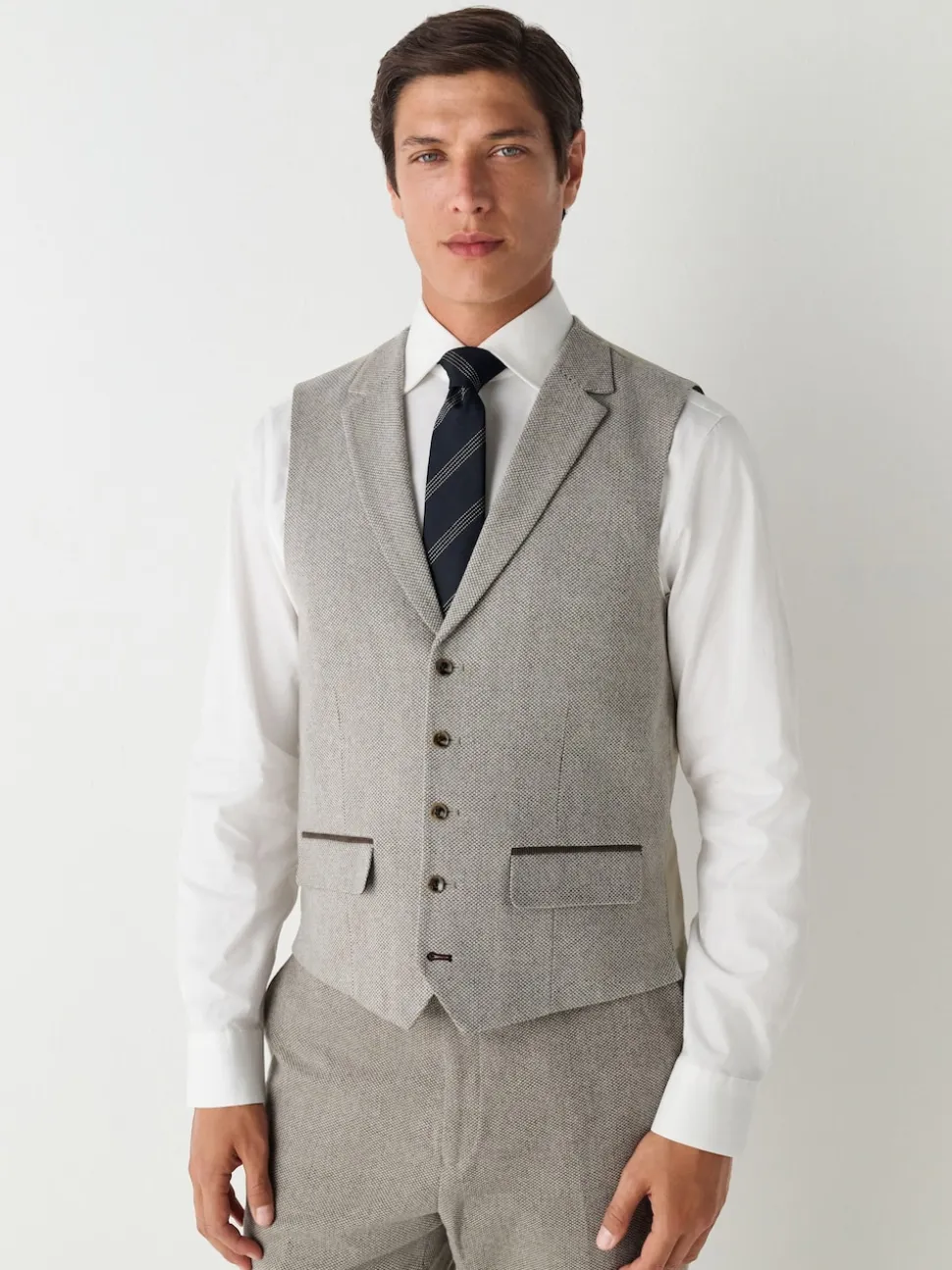 Neutral Slim Fit Nova Fides Italian Wool Blend Trimmed Textured Suit Waistcoat
