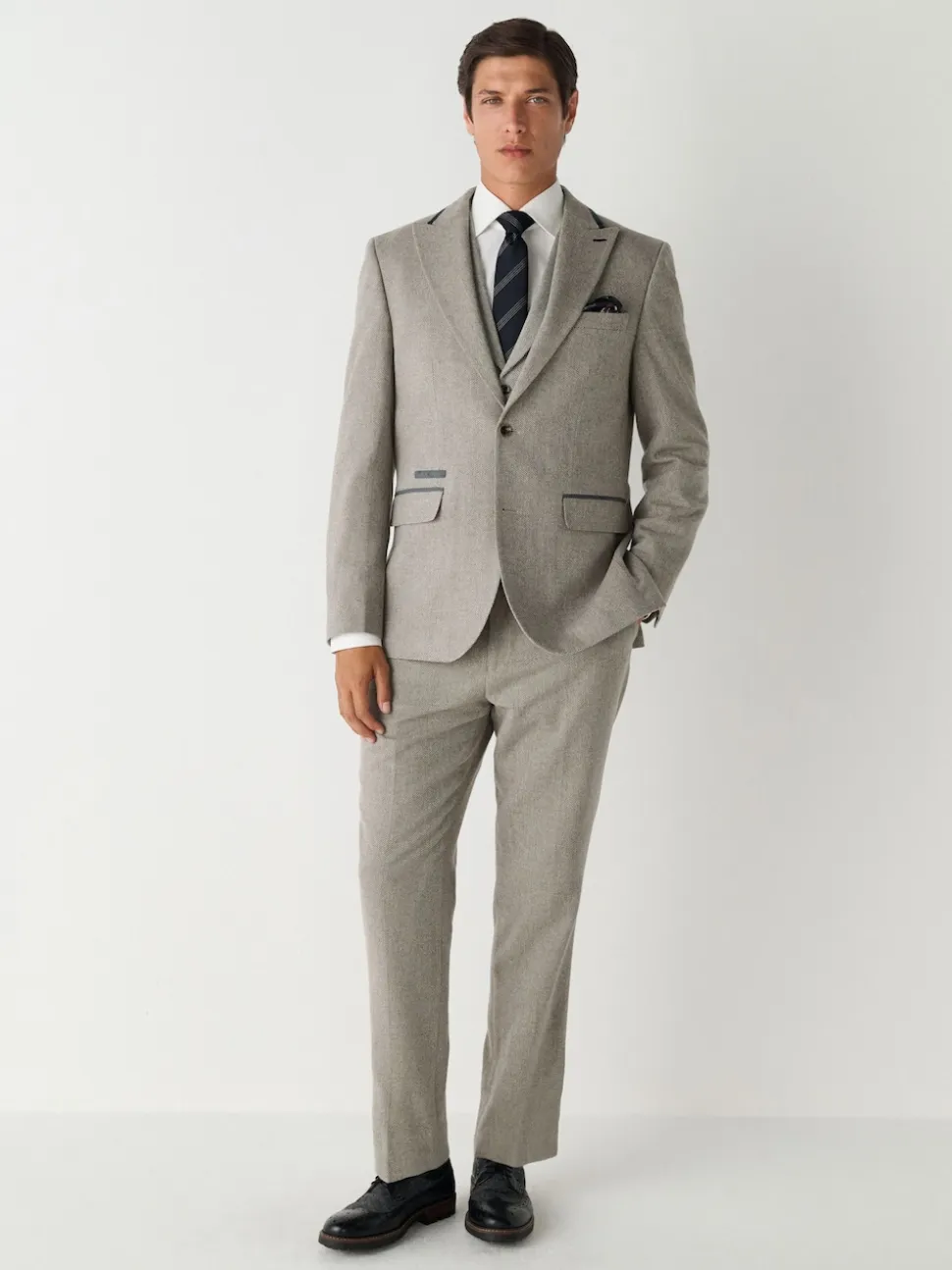 Neutral Slim Fit Nova Fides Italian Wool Blend Trimmed Textured Suit Waistcoat