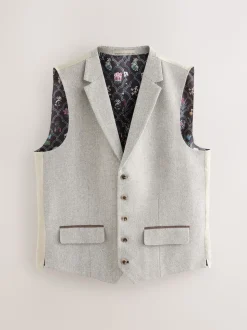 Neutral Slim Fit Nova Fides Italian Wool Blend Trimmed Textured Suit Waistcoat