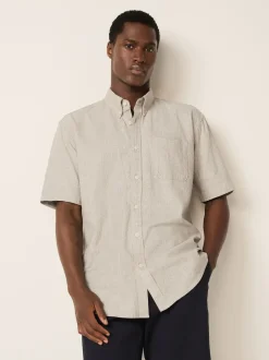 Neutral Standard Collar Cotton Linen Blend Short Sleeve Shirt
