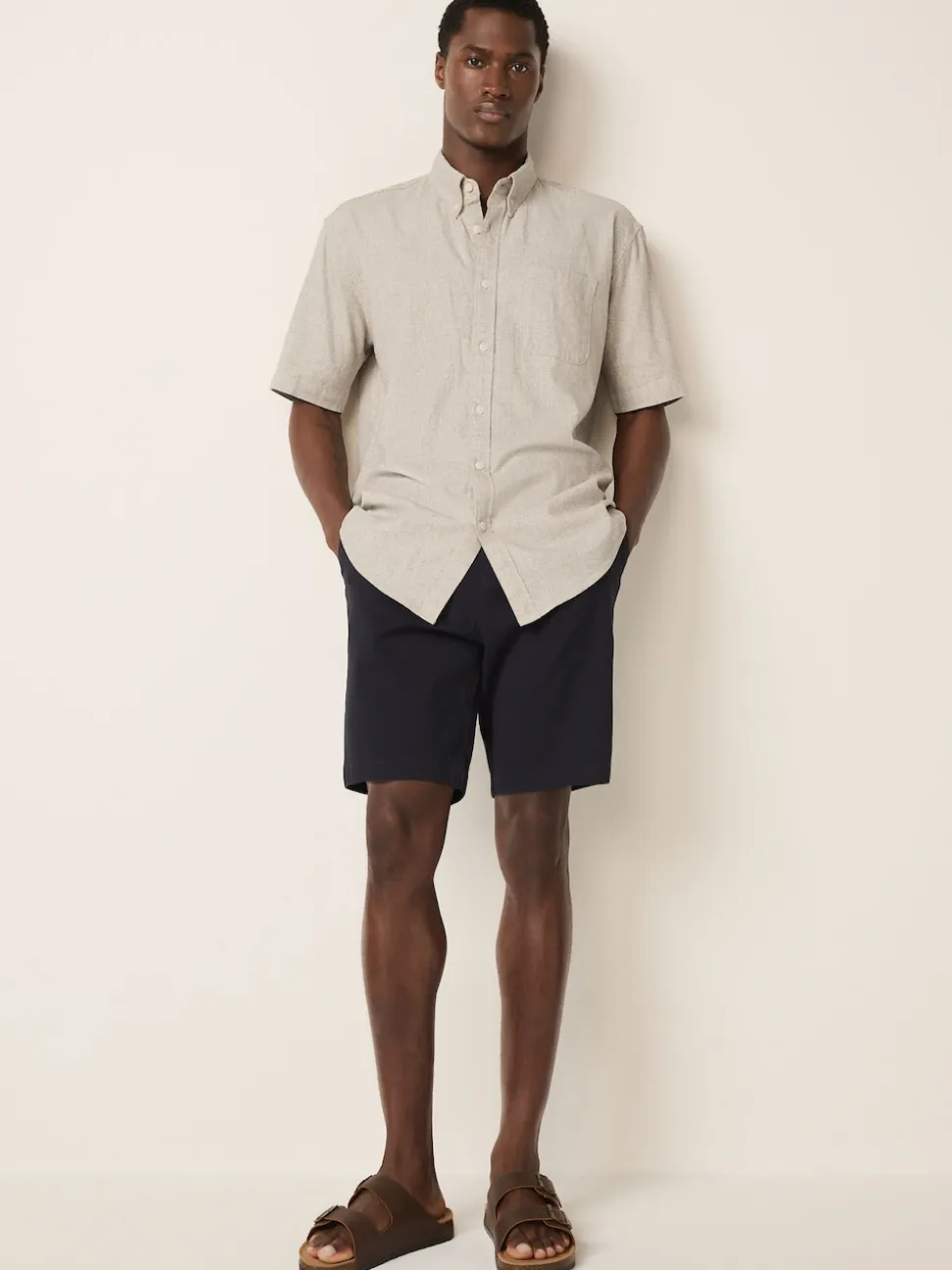 Neutral Standard Collar Cotton Linen Blend Short Sleeve Shirt