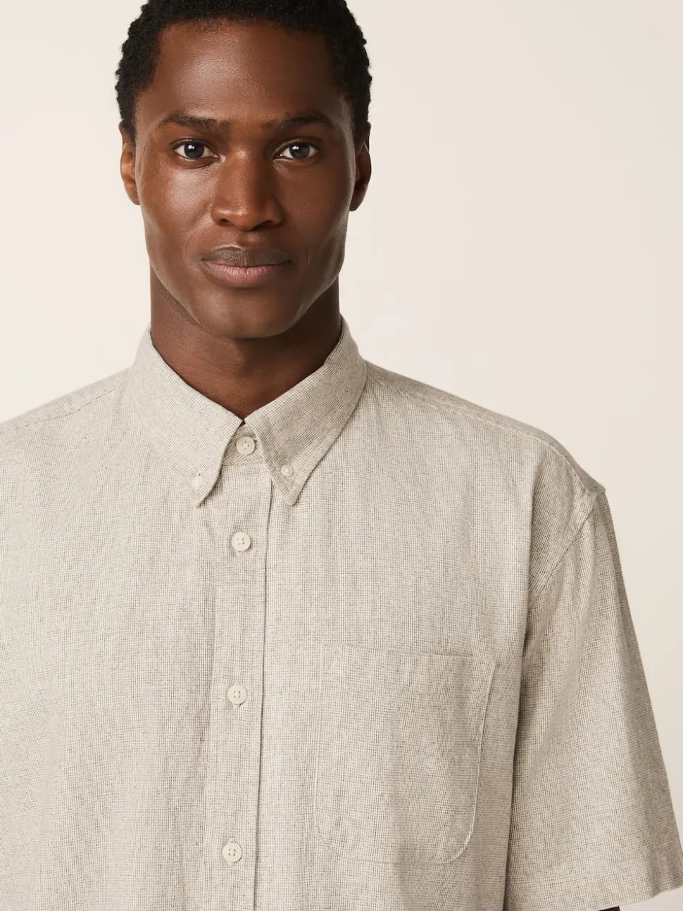 Neutral Standard Collar Cotton Linen Blend Short Sleeve Shirt