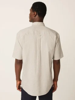 Neutral Standard Collar Cotton Linen Blend Short Sleeve Shirt