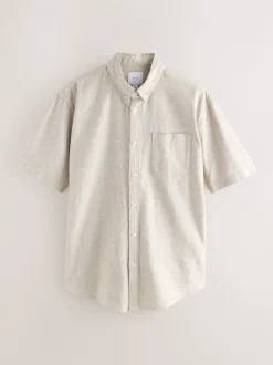 Neutral Standard Collar Cotton Linen Blend Short Sleeve Shirt