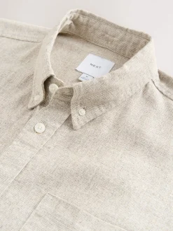 Neutral Standard Collar Cotton Linen Blend Short Sleeve Shirt