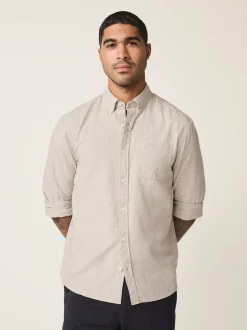 Neutral Standard Collar Cotton Linen Blend Long Sleeve Shirt