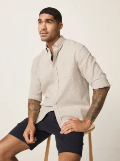 Neutral Standard Collar Cotton Linen Blend Long Sleeve Shirt