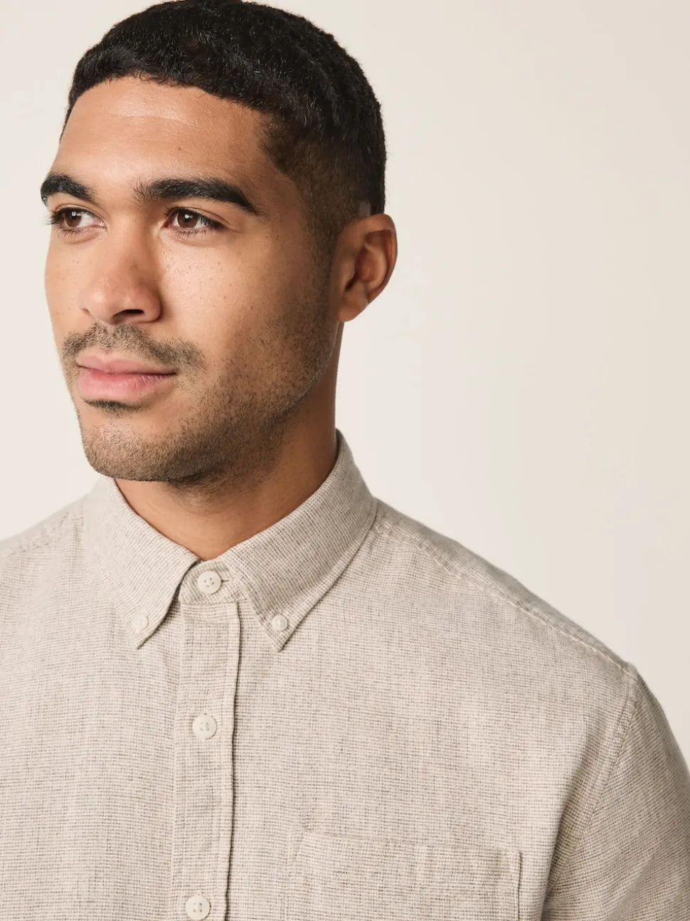 Neutral Standard Collar Cotton Linen Blend Long Sleeve Shirt