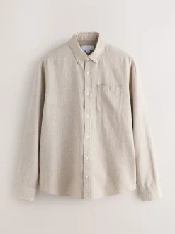 Neutral Standard Collar Cotton Linen Blend Long Sleeve Shirt