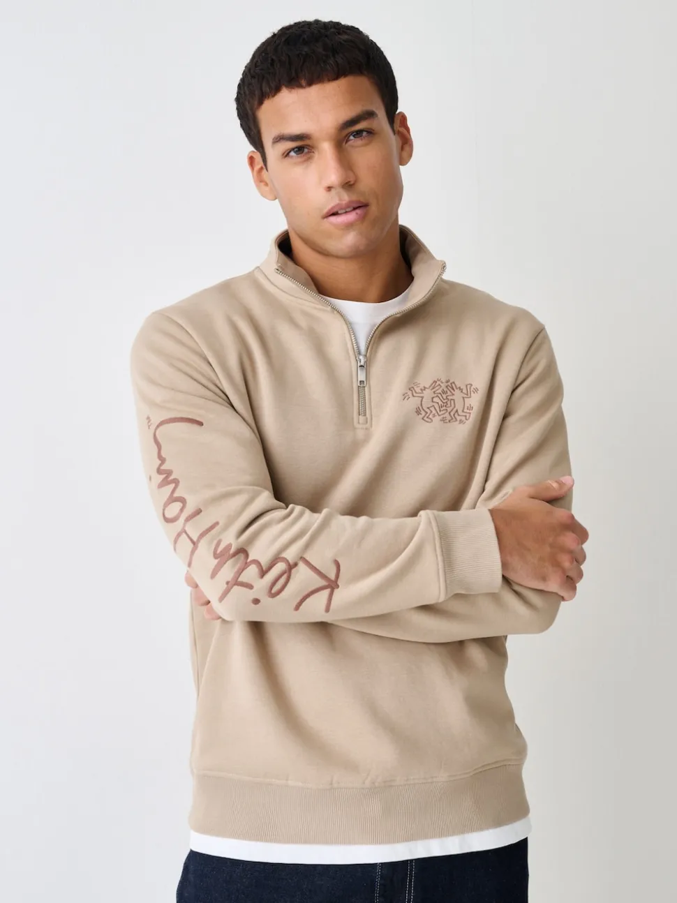 Neutral Stone Keith Haring Licence Graphic Print Quarter Zip Neck Sweatshirt