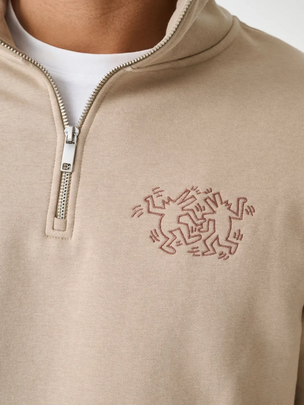 Neutral Stone Keith Haring Licence Graphic Print Quarter Zip Neck Sweatshirt
