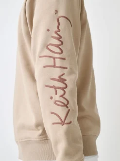 Neutral Stone Keith Haring Licence Graphic Print Quarter Zip Neck Sweatshirt