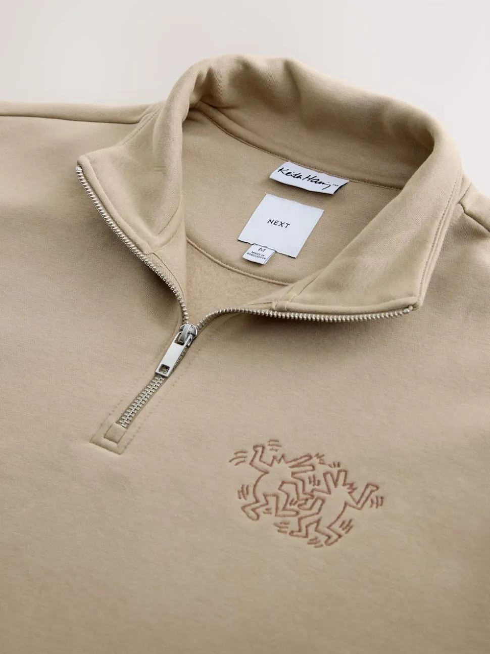 Neutral Stone Keith Haring Licence Graphic Print Quarter Zip Neck Sweatshirt