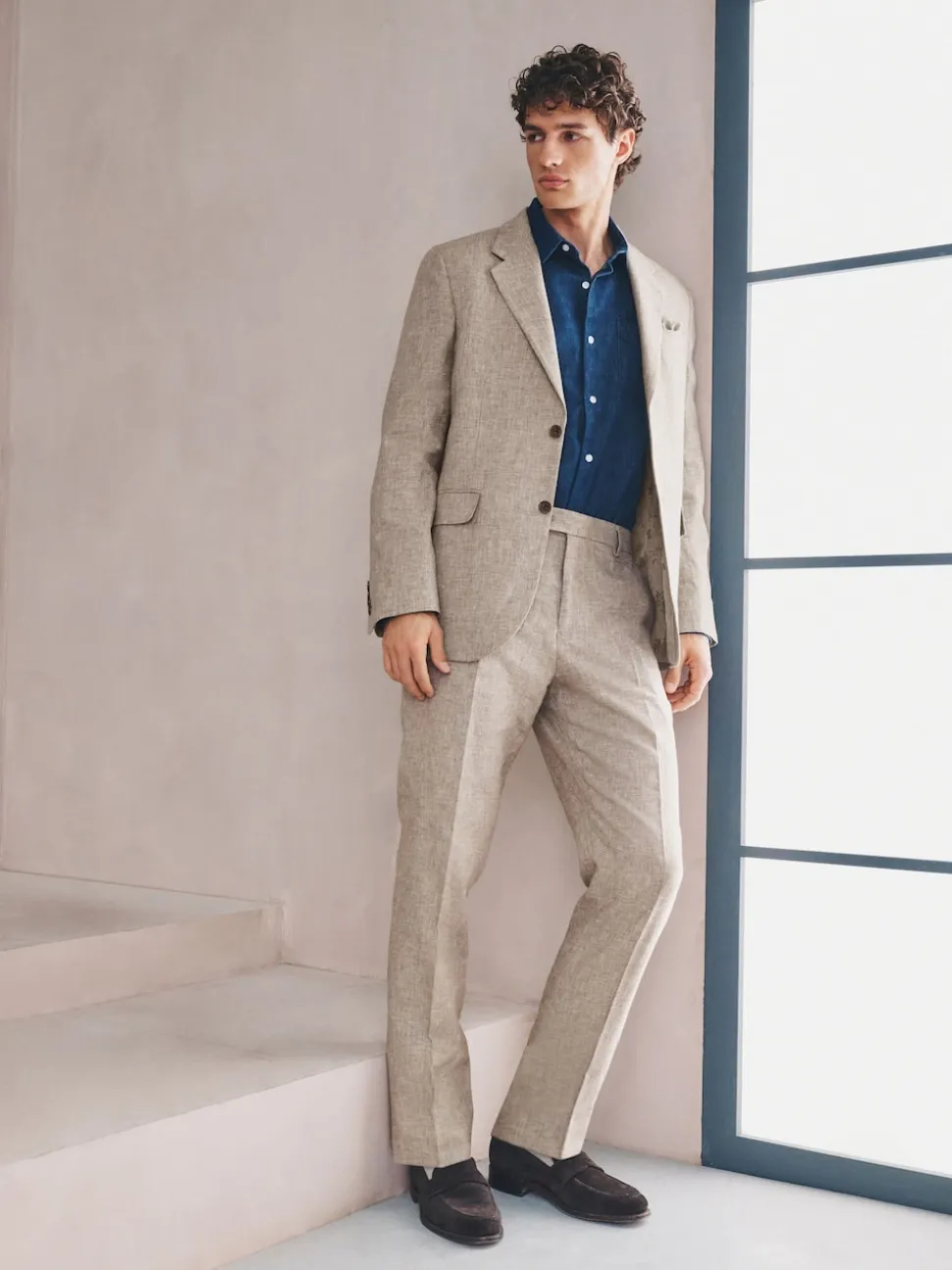 Neutral Tailored Fit Linen Blend Texture Suit Jacket