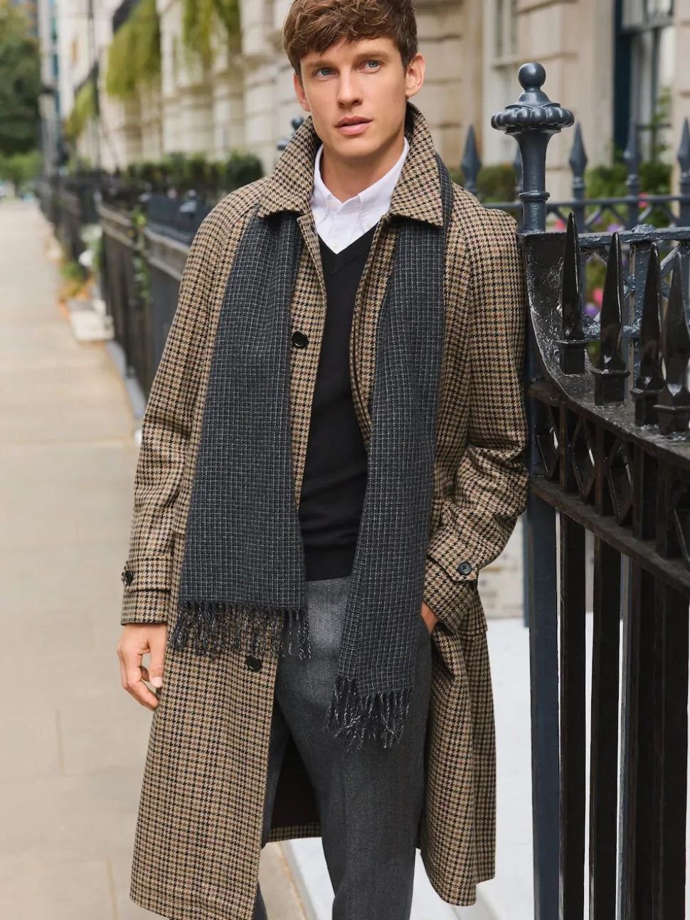 Neutral Wool Rich Italian Fabric Dogtooth Check Coat
