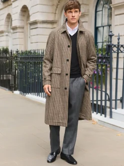 Neutral Wool Rich Italian Fabric Dogtooth Check Coat