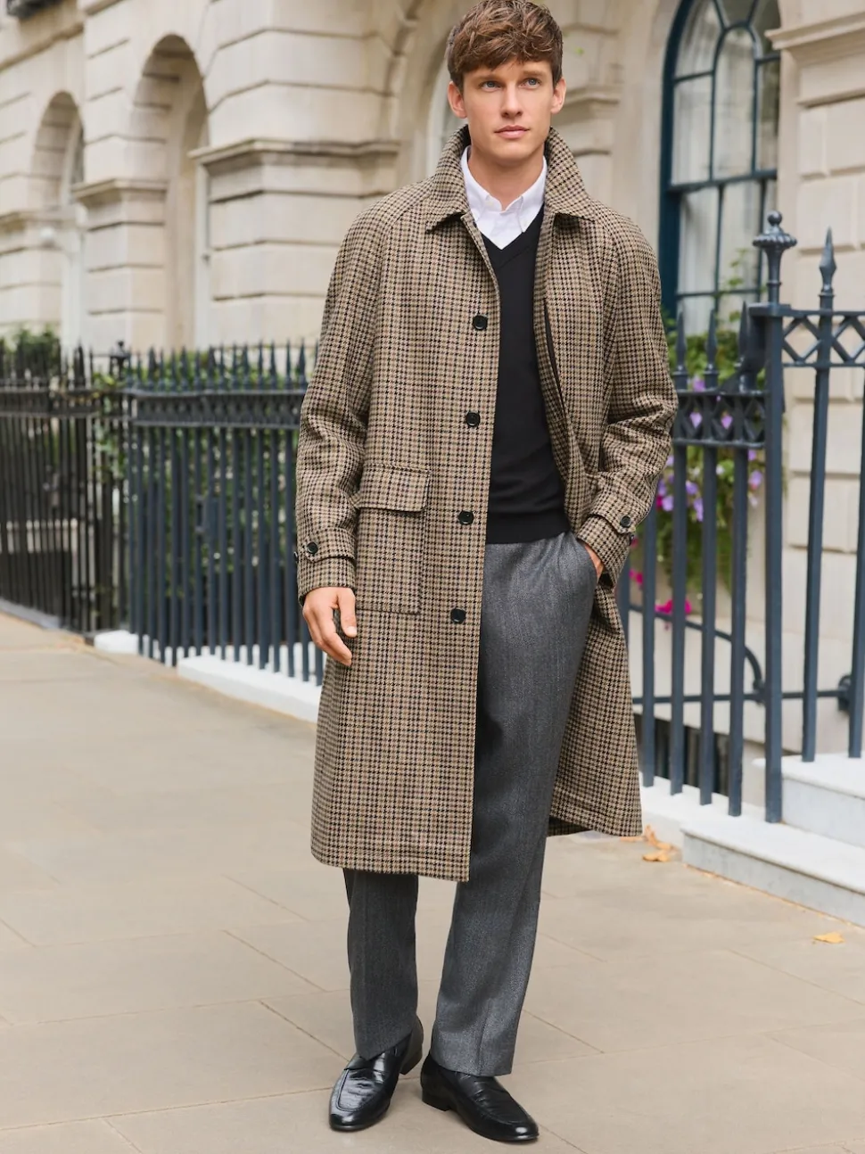 Neutral Wool Rich Italian Fabric Dogtooth Check Coat