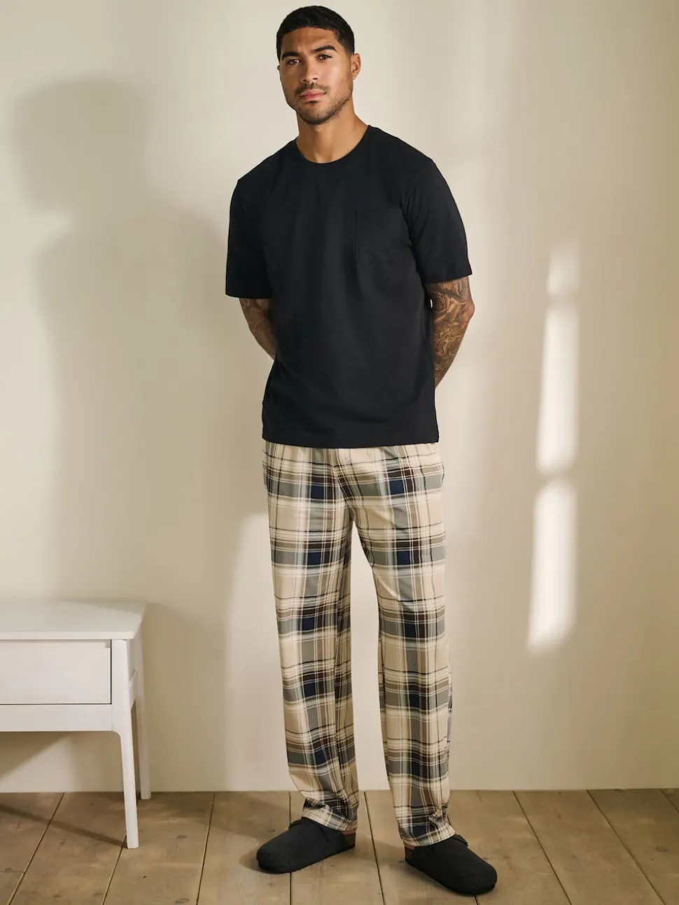Neutral/Black Check Short Sleeve Jersey Pyjamas Set