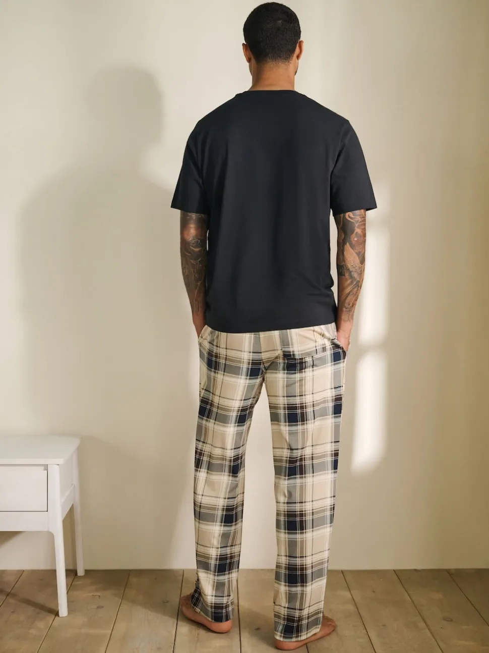Neutral/Black Check Short Sleeve Jersey Pyjamas Set