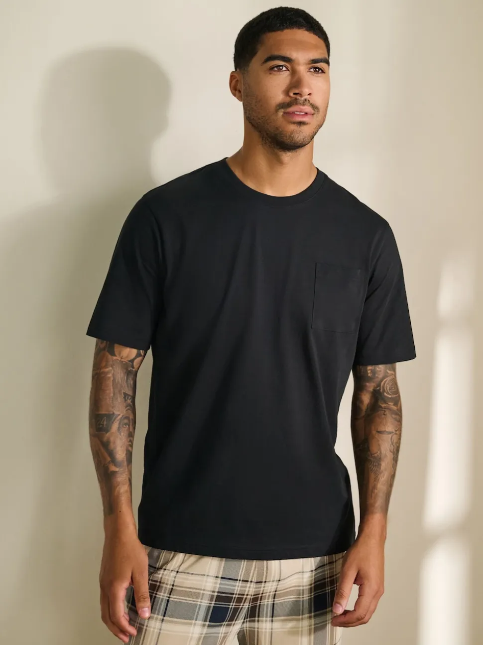 Neutral/Black Check Short Sleeve Jersey Pyjamas Set