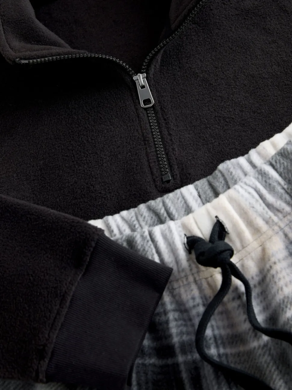 Neutral/Blue Thermal Fleece Zip Through Check Long Sleeve Pyjamas Set