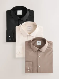 Neutral/Ecru/Black Slim Fit Easy Care Textured Single Cuff Smart Shirts 3 Pack