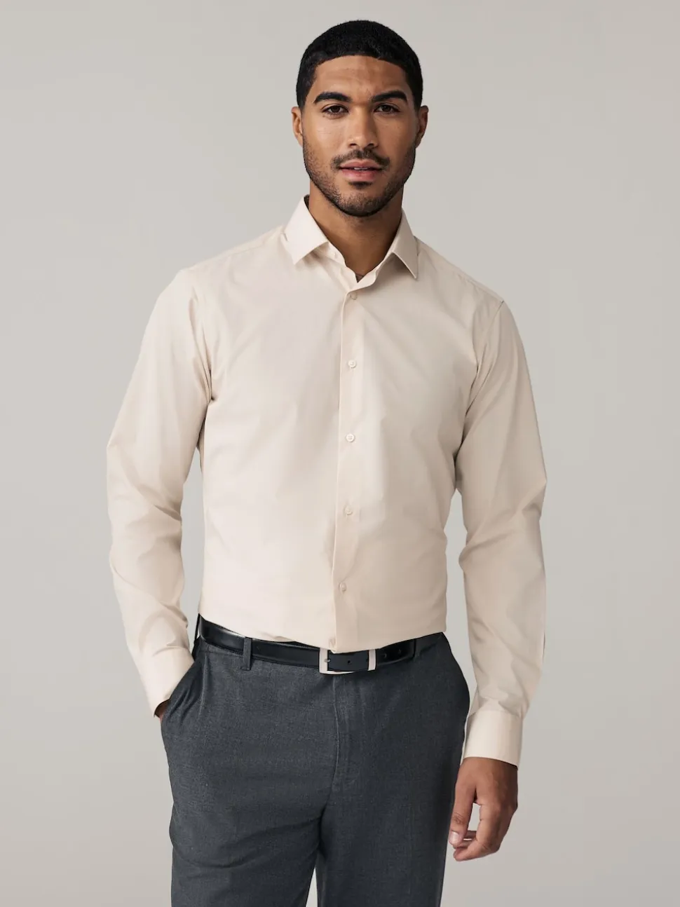 Neutral/Ecru/Black Slim Fit Easy Care Textured Single Cuff Smart Shirts 3 Pack
