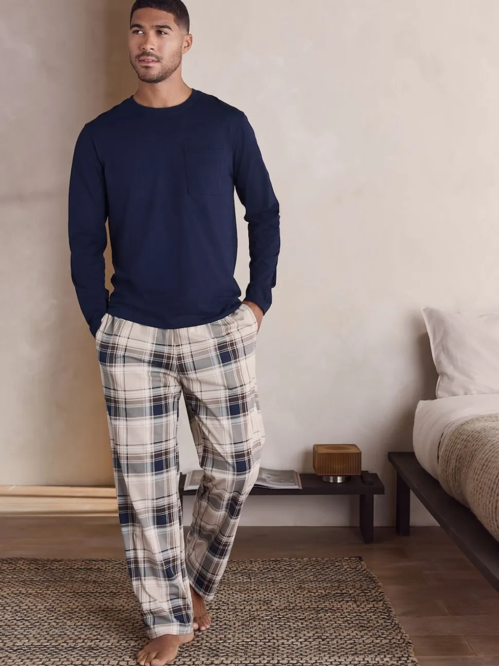Neutral/Navy Check Jersey Short Sleeve Pyjamas Set 2 Pack