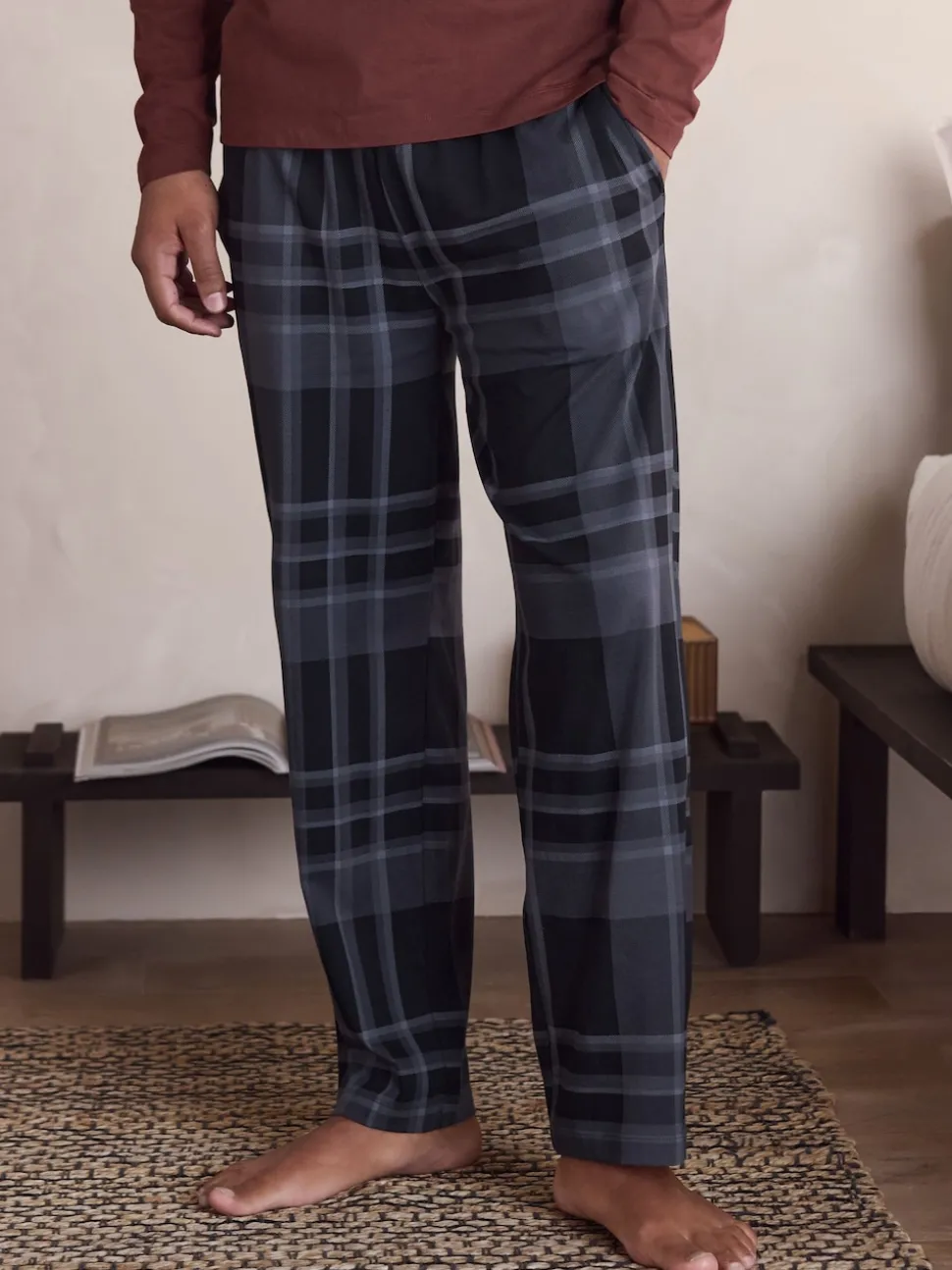 Neutral/Navy Check Jersey Short Sleeve Pyjamas Set 2 Pack