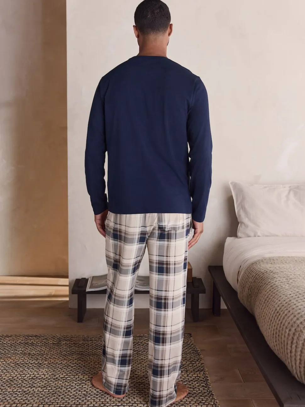 Neutral/Navy Check Jersey Short Sleeve Pyjamas Set 2 Pack