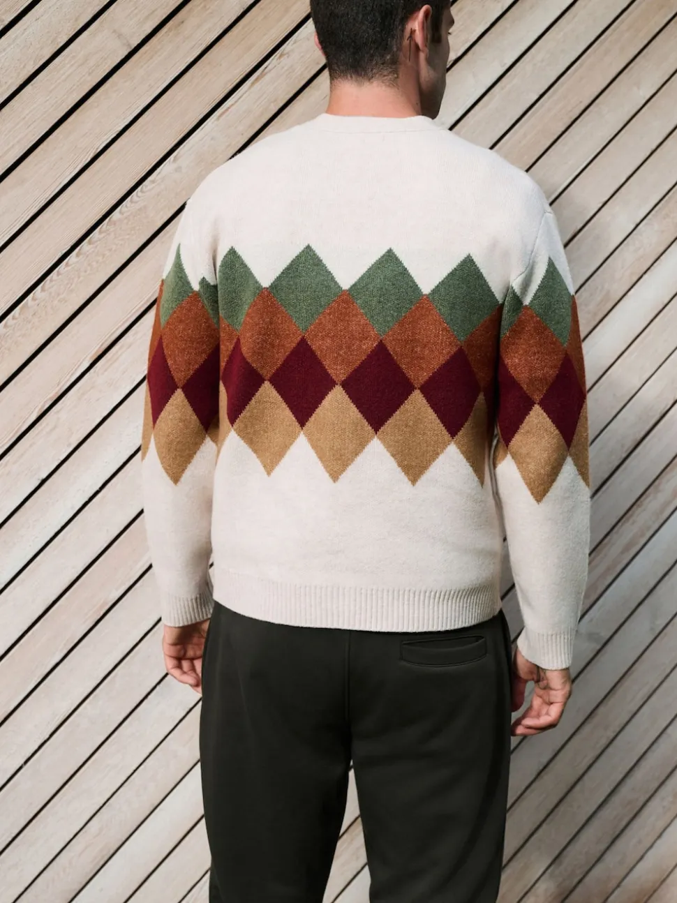 Oatmeal Multi Relaxed Fit Argyle Cardigan with Wool