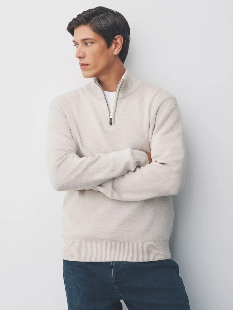 Oatmeal Plain N.Premium Regular Fit 100% Cotton Premium Quarter Zip Jumper