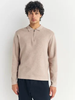 Oatmeal Zip Neck N.Premium Regular Fit Premium Mid Weight Long Sleeve Knit Polo Shirt